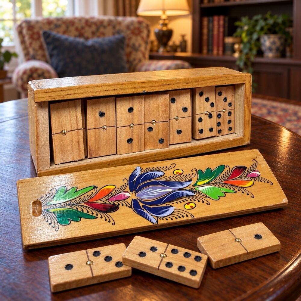 Vintage Wooden Dominoes Set Inlaid Black Pips Floral Painted Sliding Lid Box